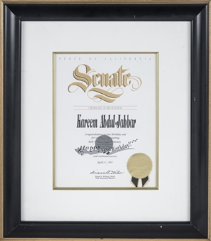 1997 State of California Senate Certificate of Recognition Presented To Kareem Abdul-Jabbar For His 50th Birthday (Abdul-Jabbar LOA)